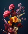  a bunch of yellow and red dried flowers on a dark blue neutral background — unique artisanal handmade florist minimalist aesthetic