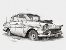 Classic Old Broken Car. Black And White Drawing