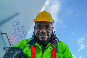 close up face of African man workers engineering working with laptop with blue working suit dress and safety helmet. Concept of smart industry worker operating of outdoor site construction.