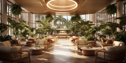 Wall Mural - Photo of a modern and elegant hotel lobby with comfortable seating and lush greenery