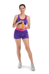 Poster - Sporty young woman with healthy smoothie on white background