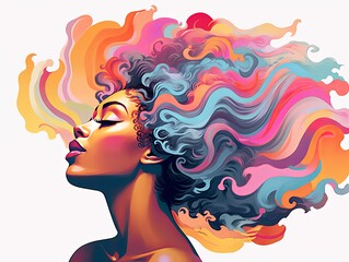 Sexy African American Female and Her Big Amazing Colorful Afro on White Background