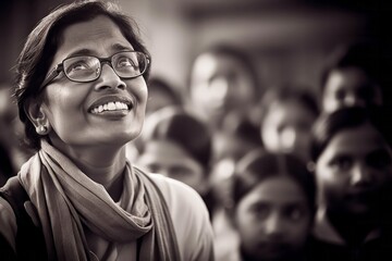 Black and white close-up portrait photography of an inspiring teacher motivating students to always strive for excellence 
