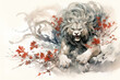 Image of lion running with pink cherry blossoms in ancient chinese style. Wildlife Animals. Nature. Illustration, Generative AI.