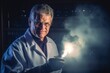© Anne Schaum - Scientist holding a flask with a fire in a dark laboratory.