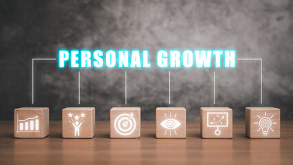 Personal growth concept, Wooden block on desk with personal growth icon on virtual screen, creativity, vision, motivation, planning, develop.