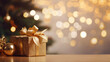 gift box on table with blur Christmas tree and golden festive bokeh light background for special holiday