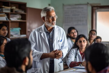 Wall Mural - Unidentified Indian male doctor talking to a group of medical students in classroom.