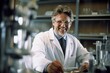 © Anne Schaum - Senior male scientist working in laboratory. Portrait of mature male scientist in white coat and eyeglasses looking at camera and smiling while working in chemical laboratory.