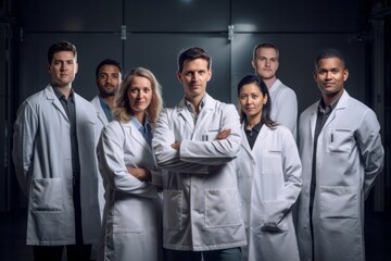 Wall Mural - Portrait of confident doctors standing with arms crossed in corridor of hospital