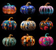 Set of nine colorful, detailed, painted pumpkins on a black background.
