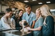 © Anne Schaum - Smiling doctors and nurses with a dog in a veterinary clinic.