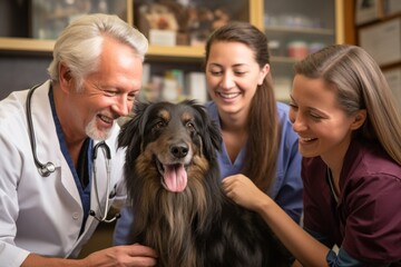 Wall Mural - Veterinarian examining a dog in a veterinary clinic with a team