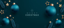 Merry Christmas Text Vector Design. Christmas And New Year Greeting Card With Xmas Balls Ornaments And Elements In Elegant Blue Color Background. Vector Illustration Holiday Season Background.
