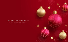 Christmas Balls Vector Design. Merry Christmas And Happy New Year Greeting Text With Red And Gold Xmas Balls Hanging Ornaments In Elegant Background. Vector Illustration Greeting Card In Red 
