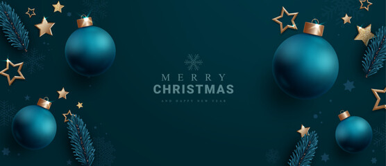 Wall Mural - Merry christmas text vector design. Christmas and new year greeting card with xmas balls ornaments and elements in elegant blue color background. Vector illustration holiday season background.
