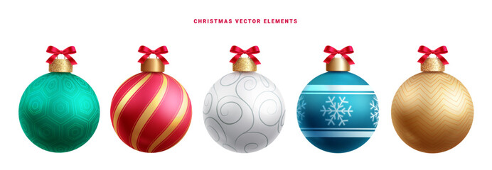 Christmas balls vector set design. Christmas balls with pattern, bauble sphere, round shape objects isolated in white background. Vector illustration xmas colorful balls collection.
