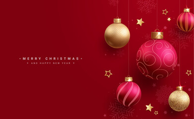 christmas balls vector design. merry christmas and happy new year greeting text with red and gold xm