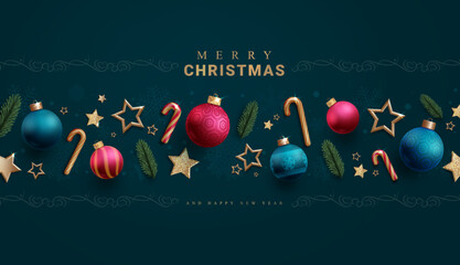 Wall Mural - Merry christmas text vector design. Christmas greeting card with elegant xmas elements and ornaments decoration. Vector illustration seasonal card background.
