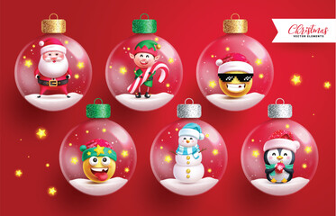 Wall Mural - christmas crystal balls vector set design. christmas characters in glass balls, sphere, bauble trans