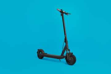 Poster - Modern electric kick scooter on light blue background