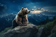 A bear is sitting on the top of a mountain.