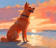 Beautiful dog on the seashore. Orange dog in the beach with evening sun. sunrise in the sea. Reflection and thinking about life.