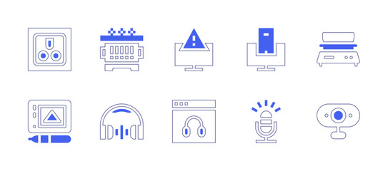Device icon set. Duotone style line stroke and bold. Vector illustration. Containing socket, transformer, warning, connection, weight, graphic tablet, headphones, microphone, webcam.