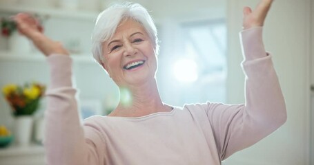 Wall Mural - Happy, smile and face of senior woman at a home with sweet, cute and positive personality. Happiness, excited and portrait of elderly female person in retirement laughing at funny comic joke at house