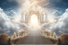 Generative AI Image Of Stairway Leading To Heaven Luxury Gate With Bright Light In Sky