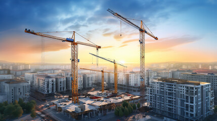 Wall Mural - A Construction of high-rise buildings, tower cranes are lifting steel on high-rise building construction site in big city.