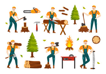 Wall Mural - Men Chopping Wood and Cutting Tree with Lumberjack Work Equipment Machinery or chainsaw in Flat Cartoon Background Templates Vector Illustration