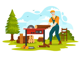 Wall Mural - Men Chopping Wood and Cutting Tree with Lumberjack Work Equipment Machinery or chainsaw in Flat Cartoon Background Templates Vector Illustration