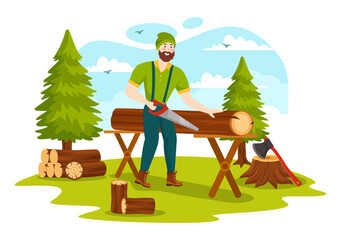 Wall Mural - Men Chopping Wood and Cutting Tree with Lumberjack Work Equipment Machinery or chainsaw in Flat Cartoon Background Templates Vector Illustration