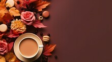 Autumn Flat Lay Composition. Cup Of Tea, Autumn Dry Bright Leaves, Roses Flowers, Orange Circle, Cones, Decorative Pomegranate, Cinnamon Sticks On Brown Beige Background Top View. AI Generative