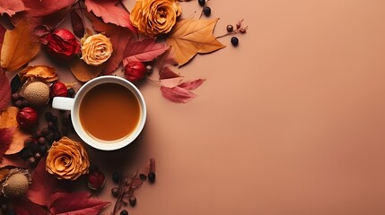 Wall Mural - Autumn Flat lay composition. Cup of tea, autumn dry bright leaves, roses flowers, orange circle, cones, decorative pomegranate, cinnamon sticks on brown beige background top view. AI Generative