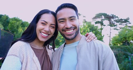 Wall Mural - Couple, face and smile in park, talk and hug for walk, conversation and holiday with romance in summer sunshine. Asian man, woman and laugh in portrait with happy chat, outdoor or backyard in Jakarta