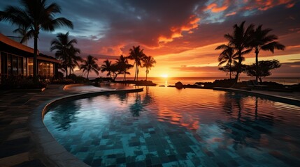 Wall Mural - Luxury pool sunset, palm tree silhouette with windy infinity pool water surface. Summer vacation, holiday template. Stunning sky, beachfront hotel resort at tropical landscape tranquil.