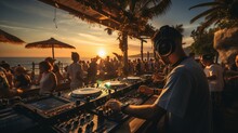 Dj Mixing At Sunset Beach Party In Summer Vacation Outdoor - Disc Jockey Hands Playing Music For Tourist People In Chiringuito Kiosk Bar - Event, Music And Fun Concept - Focus Hand