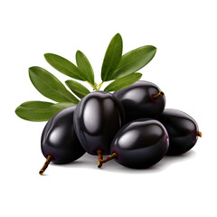 Wall Mural - Black olives with leaves isolated on transparent background