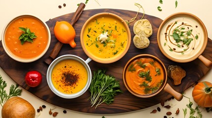 Pumpkin soup with vegetarian cooking ingredients, wooden spoons, kitchen utensils on wooden background. Top view. Vegan diet. Autumn harvest. Healthy, clean food and eating concept. AI Generative