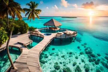 sunset on the beach, beach sunset, Amazing sunset panorama at Maldives. Luxury resort villas seascape with soft led lights under colorful sky. Beautiful twilight sky and colorful clouds. Beautiful sea