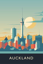 New Zealand Auckland City Retro Poster With Abstract Shapes Of Skyline, Attractions And Landmarks. Vintage Cityscape Travel Vector Illustration Of Metropolitan Panorama. AI Generative