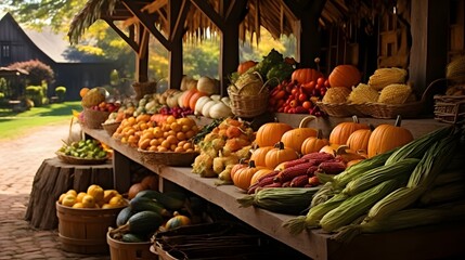 Wall Mural - Fall harvest market with vegetables and fruits. AI generated