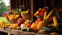 Fall Harvest Market With Vegetables And Fruits. AI Generated