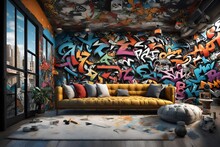 An Edgy 3D Rendering Of A Home Wall Transformed Into A Cinematic Urban Street Art Scene. 