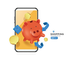 Wall Mural - Orange piggy bank, gold coins or dollar money, shopping bag, float in air and have blue arrows loop around and all appear on  smartphone screen