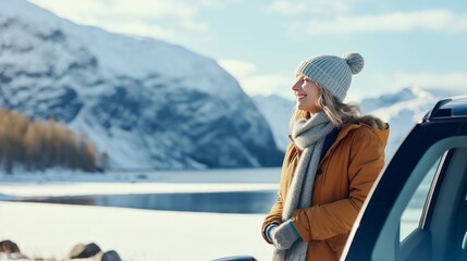 Woman traveling exploring, enjoying the view of the mountains, landscape, lifestyle concept winter vacation outdoors. Female standing near the car in sunny day, travel in the mountains, freedom