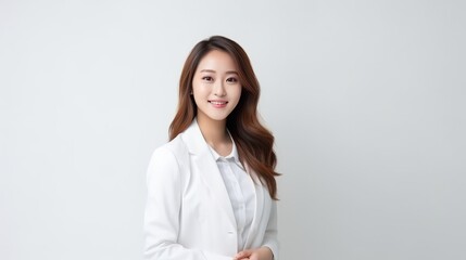 Young asian woman, professional entrepreneur standing in office clothing, smiling and looking confident, white background