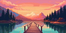 A Lakeside Walkway With Beautiful Mountain Scenery In The Background In Anime Style Vector Flat Bright Colors